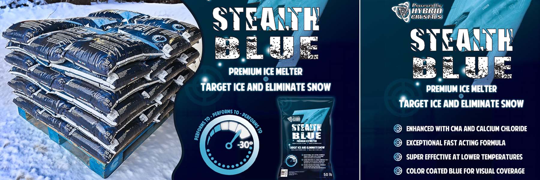 Stealth Blue Ice Melt Calgary fast acting ice melt for extreme winter conditions on sidewalks and driveways.