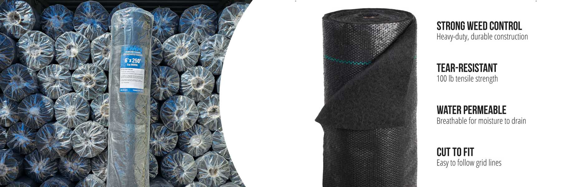 Weed-blocking landscape fabric for gardens and under decorative rock – essential landscape supply available in woven and non-woven types.