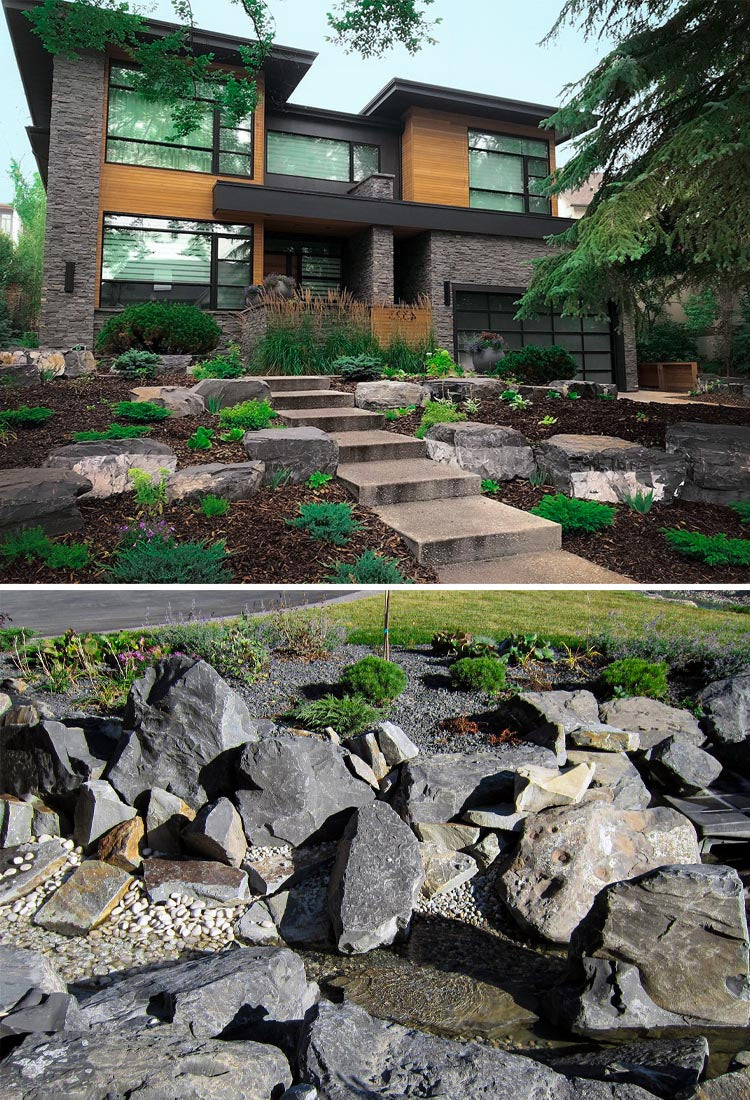 Natural landscaping boulders for garden features, retaining walls, and decorative rock accents in Calgary