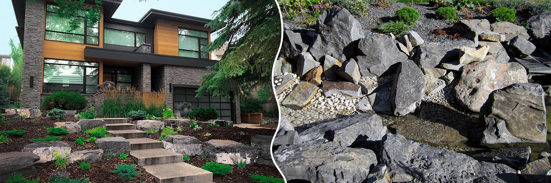 Natural landscaping boulders for garden features, retaining walls, and decorative rock accents in Calgary