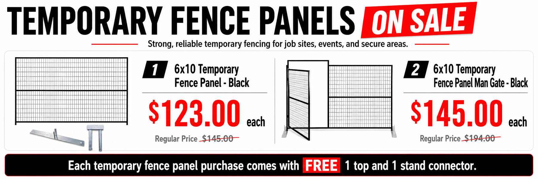 Black temporary fence panel and man gate on sale for job sites, events, and secure areas