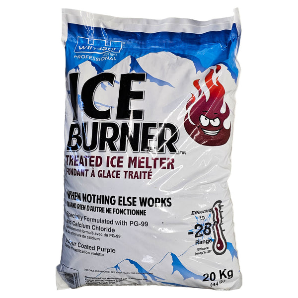 Ice Burner Treated Ice Melter 20kg bag with bright purple tint, fast-acting ice melt for driveways and walkways in Calgary.