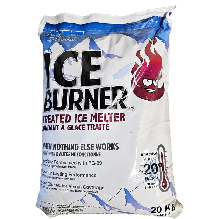 Ice Burner Treated Ice Melter 20kg bag with bright purple tint, fast-acting ice melt for driveways and walkways in Calgary.