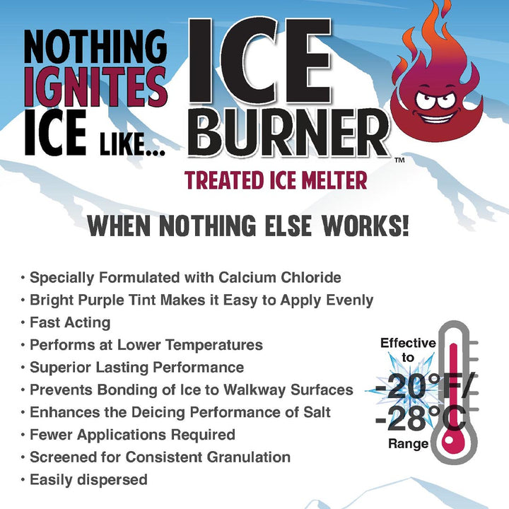 Ice Burner Ice Melter enhanced with calcium chloride for superior deicing performance at low temperatures, available at TMH Industries Calgary.