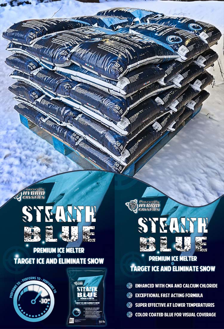 Stealth Blue Ice Melt high performance winter ice melter with blue visibility indicator for safer residential and commercial use.