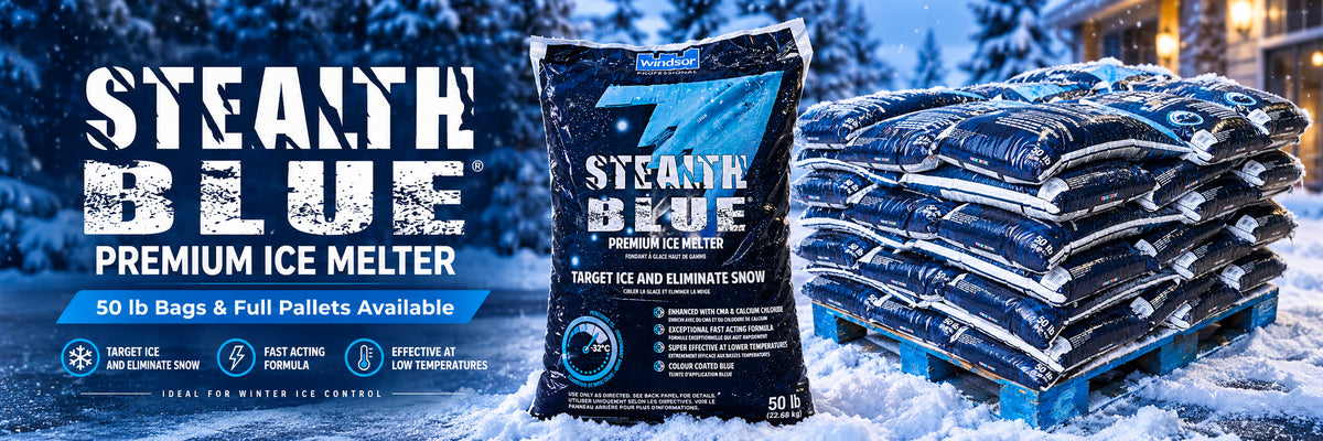 Stealth Blue premium ice melter in 50 lb bags and full pallet quantities at TMH Industries in Calgary.