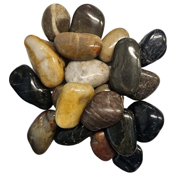 Smooth 20mm–40mm Earth Blend polished pebbles for landscape decor, plant beds, and water features.