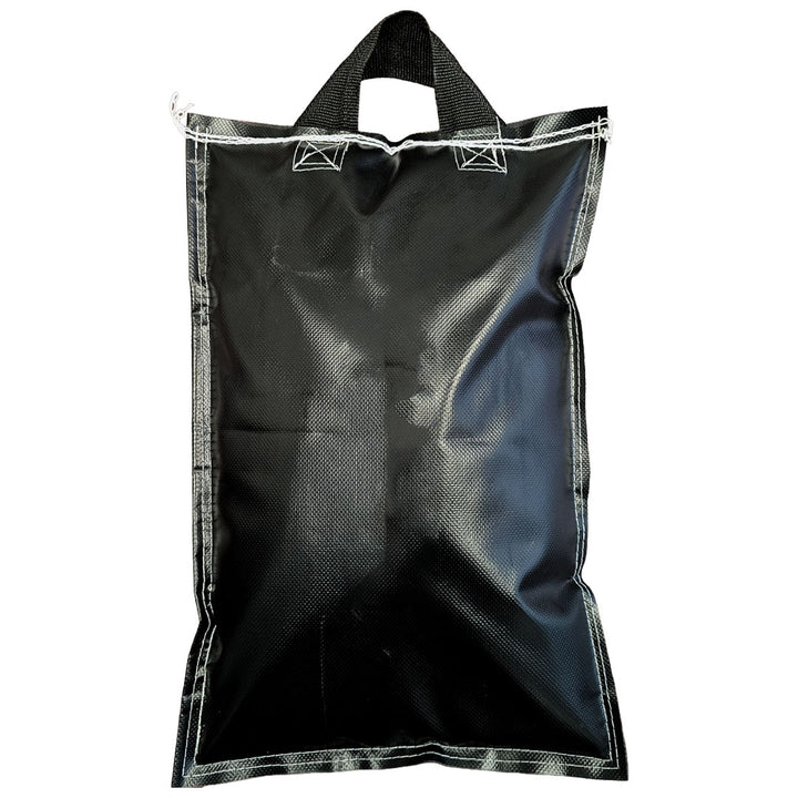 Filled 18oz PVC sandbag featuring one reinforced handle for easy lifting and positioning on-site.