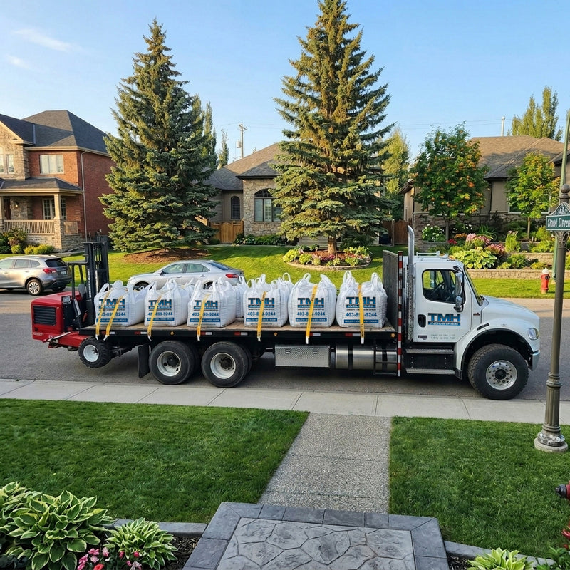 Bulk bag landscape materials delivery with Moffett forklift Calgary, decorative rock gravel soil mulch delivered in 1 yard bags to driveway