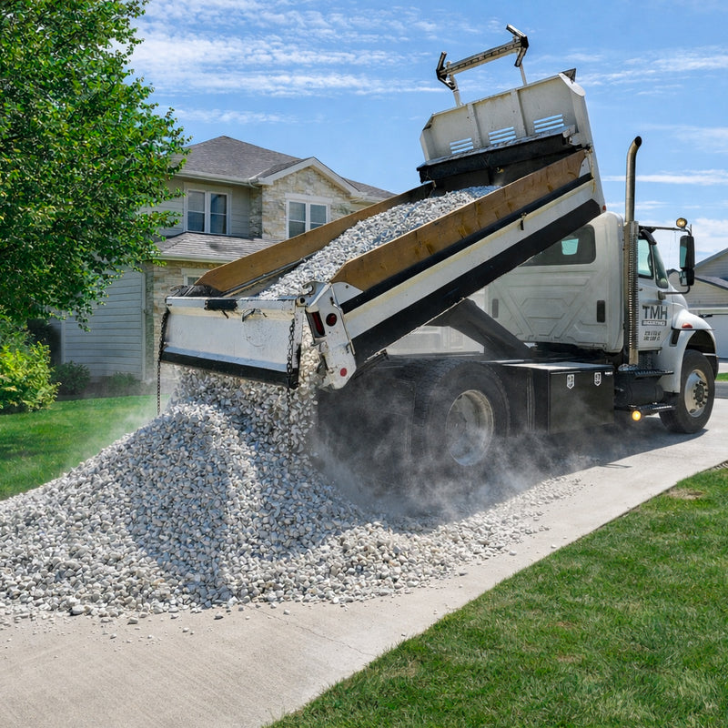 Loose bulk landscape materials delivery in dump truck Calgary, gravel sand soil mulch delivered to driveway for landscaping projects
