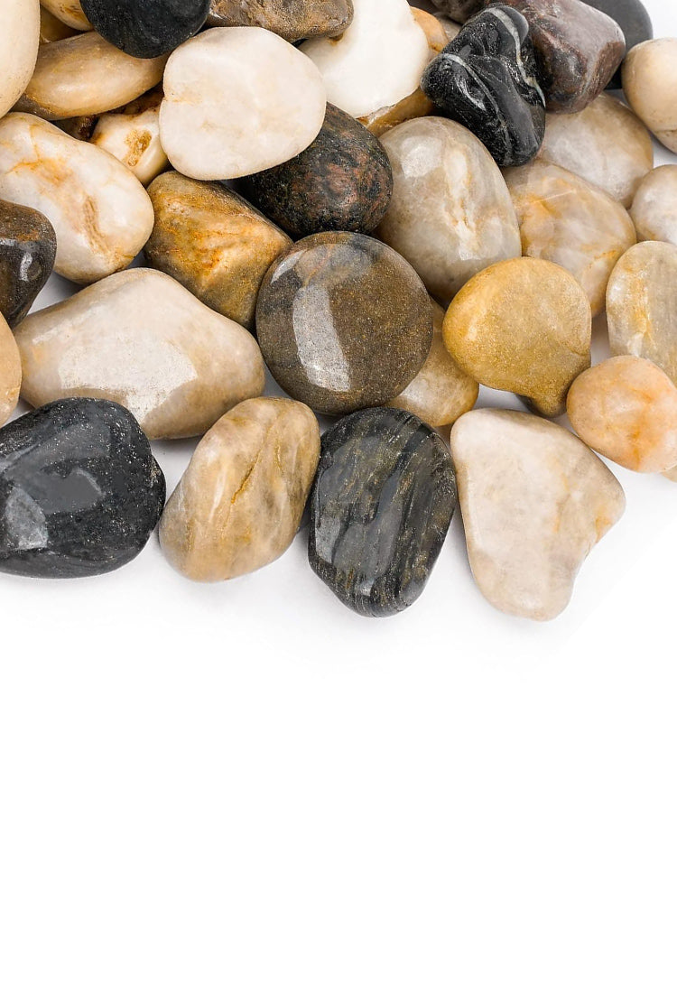 Close-up of polished pebbles Calgary by TMH Industries, smooth decorative stone for garden accents and walkways, Landscaping Supply Calgary, pickup or delivery