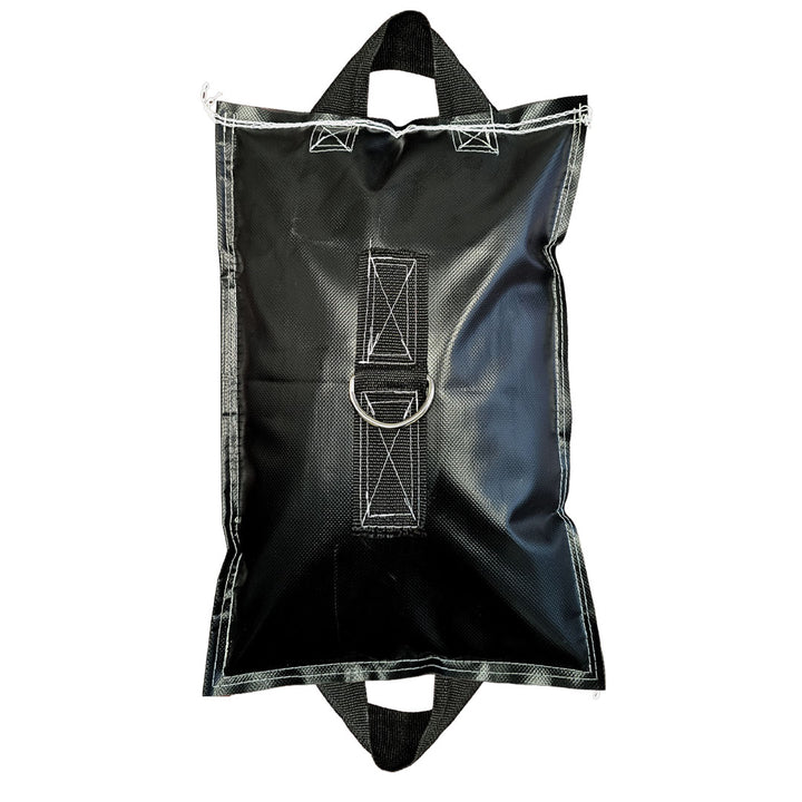 Filled heavy-duty 18oz PVC sandbag with two strong handles for balanced carrying and placement.