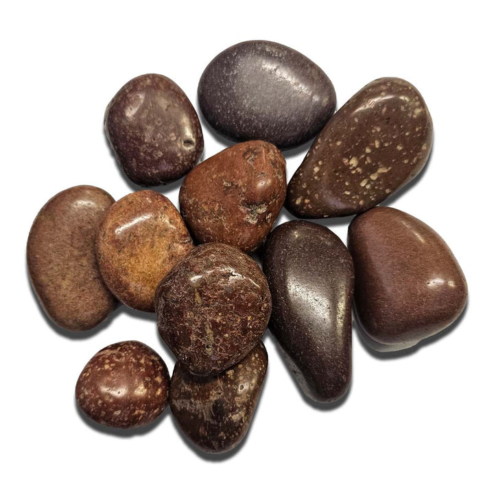 Red polished pebbles sized 20mm–40mm, ideal for garden accents, indoor plants, and decorative displays.