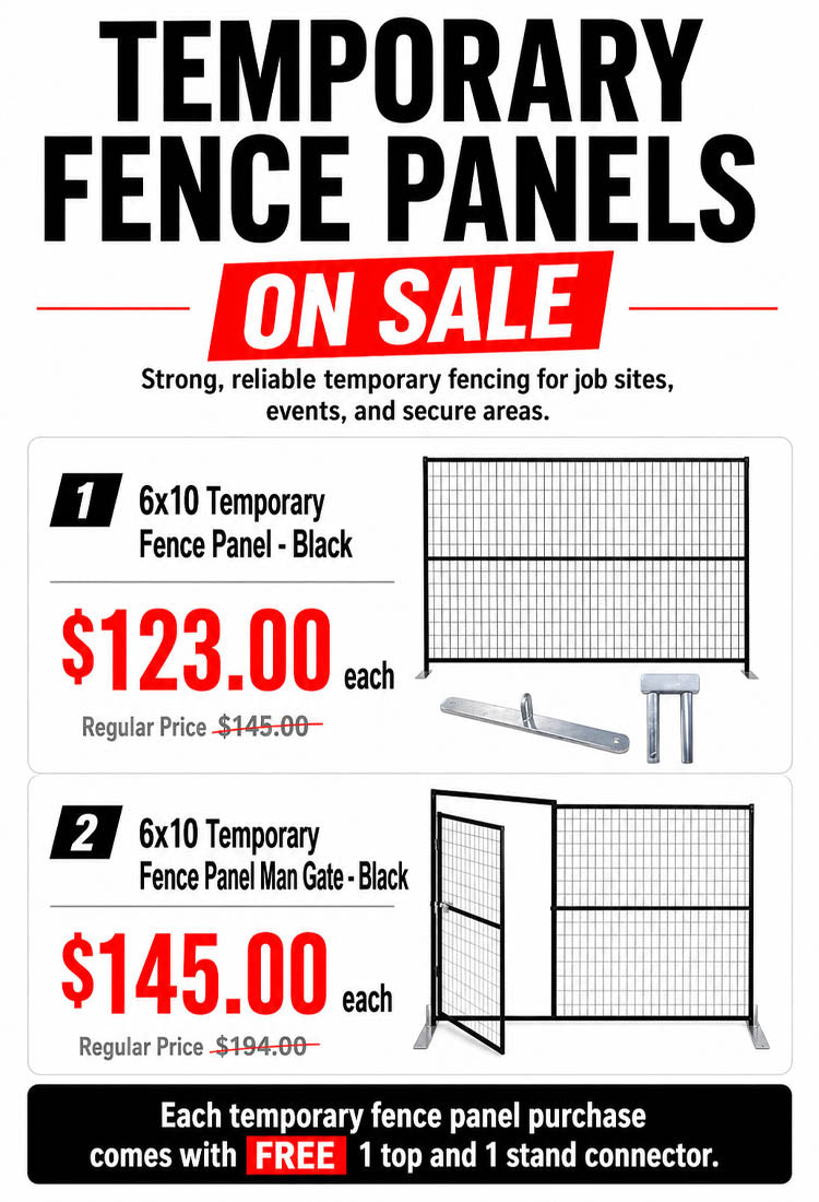 Temporary fence panels on sale in Calgary with black fence panels, man gates, and connectors included