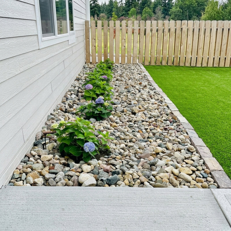 Residential landscape supply project in Calgary featuring decorative washed round rock, garden edging, and low-maintenance backyard landscaping by TMH Industries