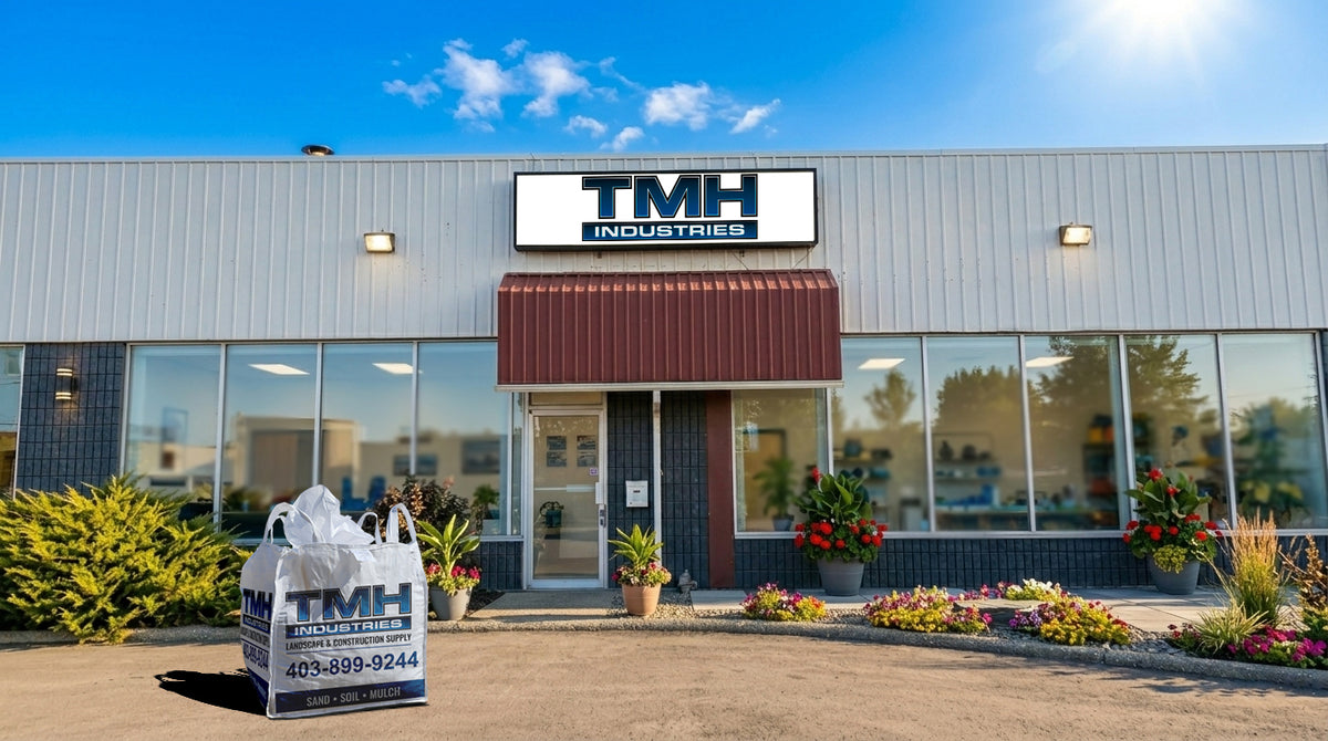 TMH Industries Calgary landscape supply store exterior with clean entrance, decorative rock landscaping, and blurred windows for privacy, offering gravel, sand, soil, and mulch in Calgary and surrounding areas