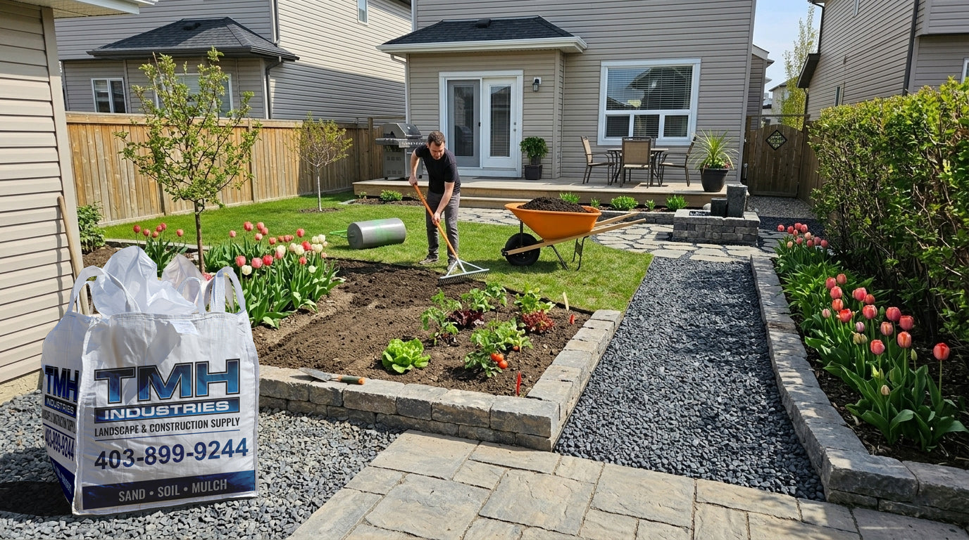 TMH Industries landscape bag with garden mix soil, gravel pathway, and backyard landscaping project in a residential Calgary home during spring.